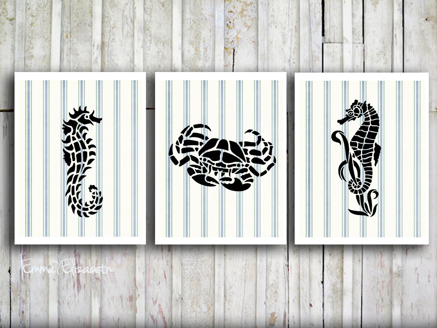 Coastal art print Seahorse and crab wall art Beach cottage decor Blue stripes  Nautical nursery Boys room Kids bathroom wall decor