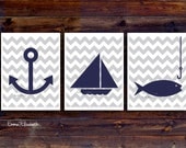 Children art print Nautical nursery Baby boys room decor Navy blue and Gray Modern Chevron print Boat anchor art Sailboat wall decor