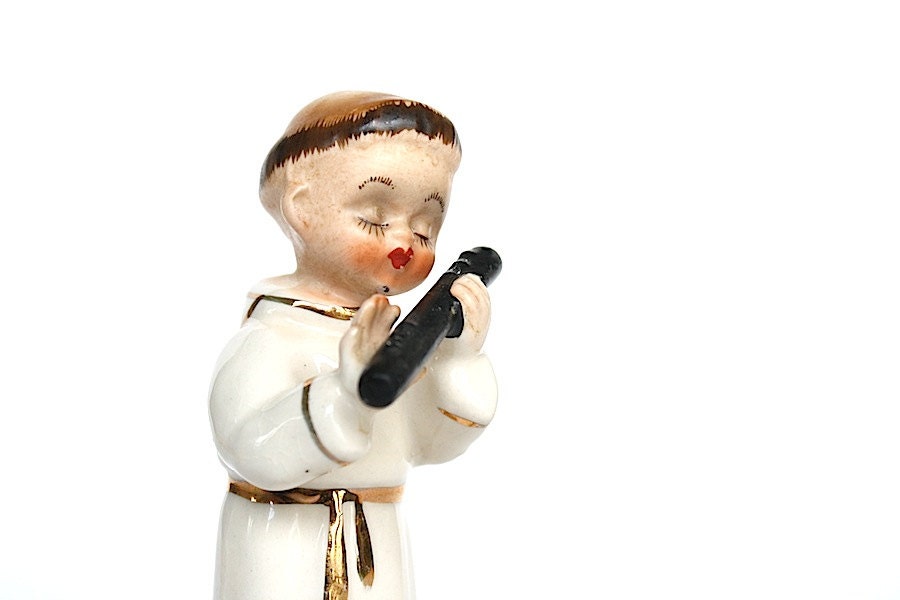 Monk Figure Vintage Ceramic Monk Chase Hand Painted Japan Figurine Playing Flute Kitsch Retro Home Decor