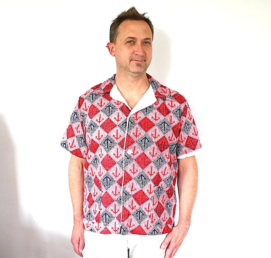 Cabana Suit Shirt Mens Vintage Swimwear Beach Pool Shirt Nautical Navy Blue Red White Terry Cloth Mad Men Retro