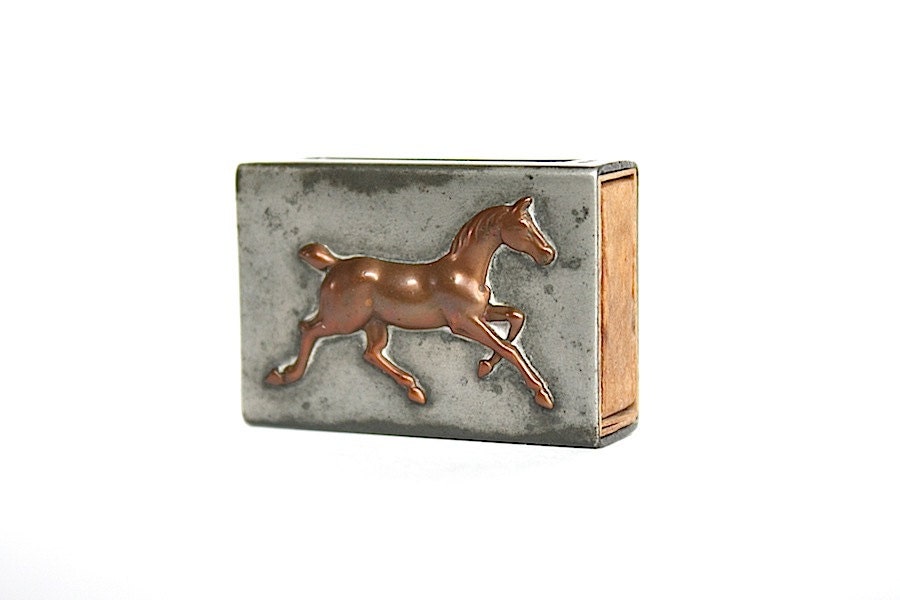 Horse Matchbox Holder Vintage Tobacciana  Puritan Pewter Copper Equestrian Motif Prancing Horse