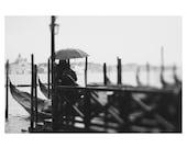 venice portrait lovers photo print - whimsical fine art black and white photography, gondola, umbrella, rain - 10x8