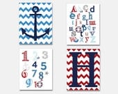 Nautical Alphabet, Nautical Numbers, Personalized Initial, Nautical Nursery Decor, Nautical Print set of 4, Chevron Monogram, Anchor,