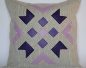 Linen eco felt violet, pink, lavender pillow cover. Handmade decorative pillow throw zipper contemporary ethnic geometric 40x40 cm 16"x16"