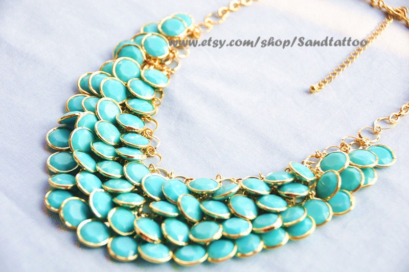 Sale- Aqua- Turquoise- Round Facet Bib Necklace, Bubble statement necklace, Easter Gift, Mermaid Gift