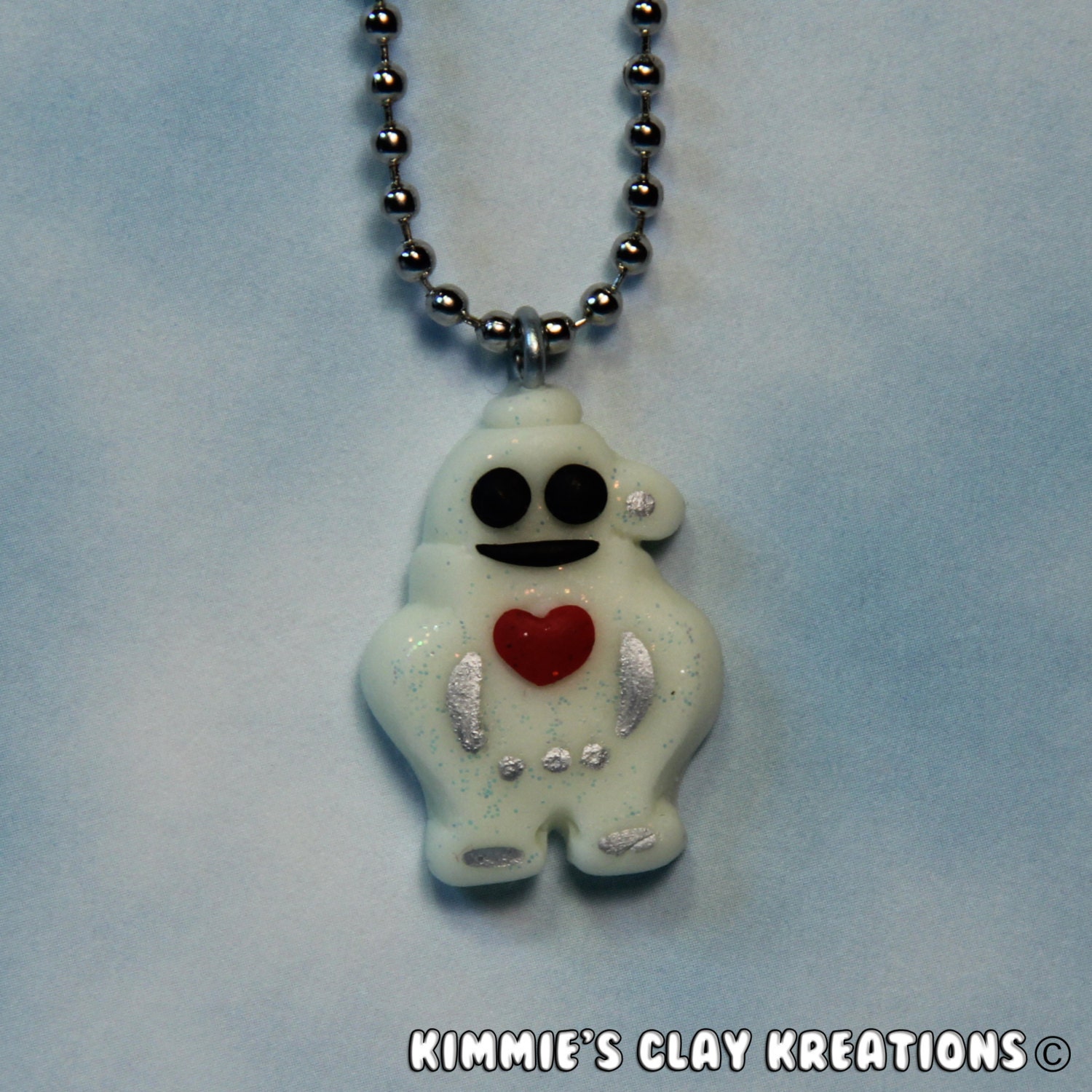 Polymer Clay Robot Boy Charm Necklace Figurine Glow In The Dark - Miniature Whimsical Character Sculpture
