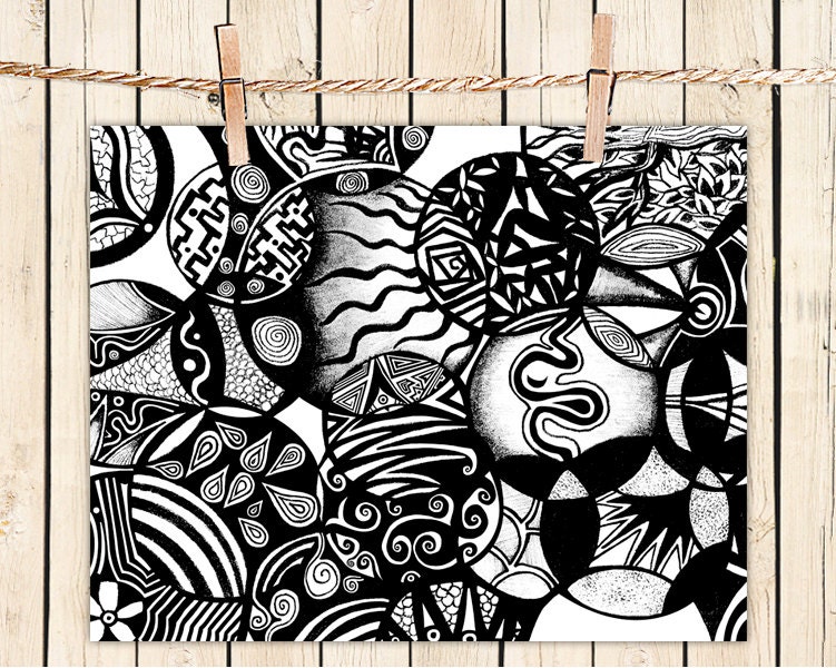 Poster Print 8x10 - Black and White Circles & Life - of Fine Art Illustration for Your Wall Decor