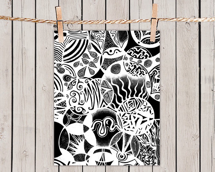 Poster Print 8x10 - Black and White Circles & Life Inverted - Fine Art Illustration for Your Wall Decor