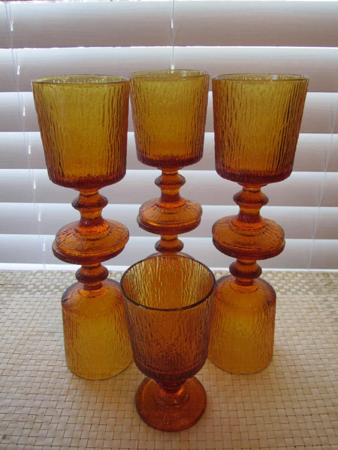 Items similar to Vintage Stemmed Glasses Yellow Amber Brown Glassware