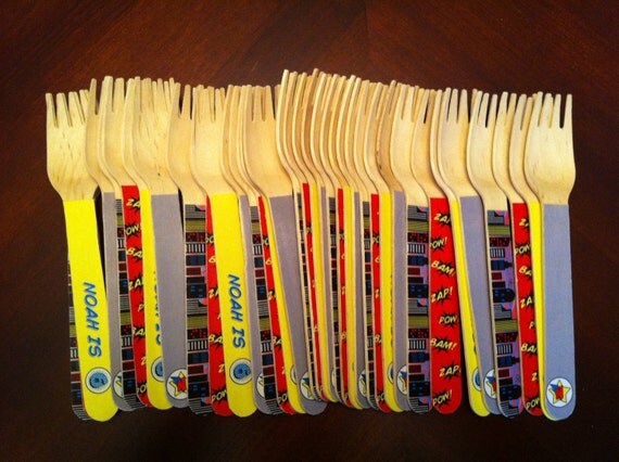 24 Wooden Forks or Spoons- Vintage Superhero Il_570xn