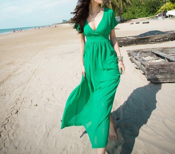 women's green white red dress deep V collar braces dress wedding dress Beach skirt  silk Chiffon sundress long dress maxi dress qz23