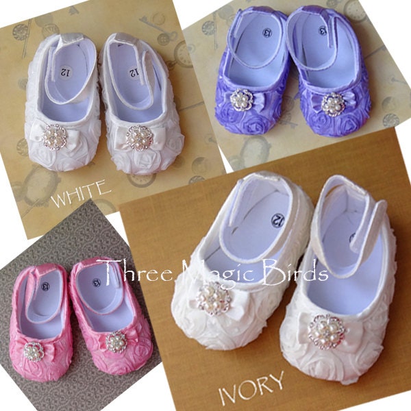 Adorable Baby Girl IVORY Satin Soft Rosette Crib Shoes with Rose Flowers and Rhinestone Christening Baptism Wedding Ready to Ship