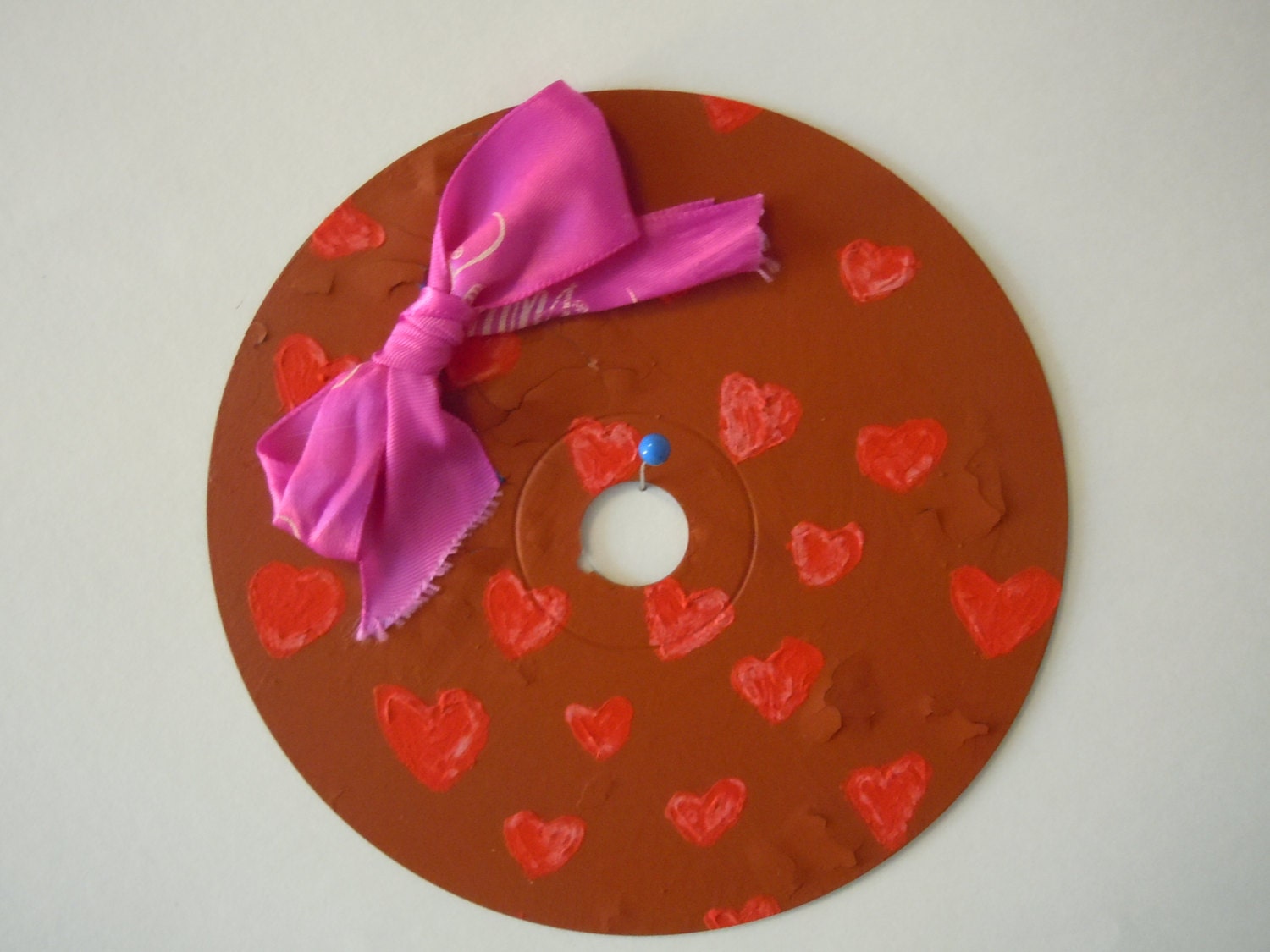 Heart & Bow CD Wall Hanging - Recycled Upcycled Housewares - Handmade Home Decor - Interior Decor - Love Friendship Gift - DIscount Item