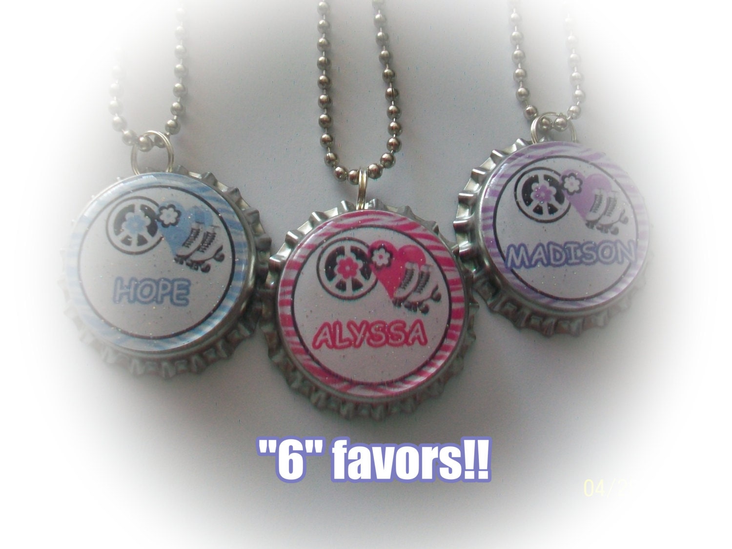 6 personalized ROLLER SKATES skating party bottlecap necklace birthday party favors zebra print goody loot bags