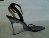 Vintage Calvin Klein Lucite High Heel Wedge Black Patent Leather Dress Sandals Ladies Size 9 Med