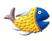 Wall hanging hand made decorative yellow and blue smiling fish with hemp twine decoration