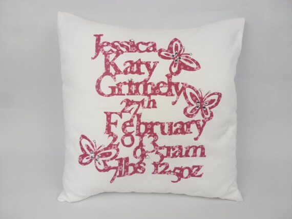 Buy announcements gift ideas - Handmade birth announcement pillow, customized baby gift pillow, newborn gift, christening gift pillow swarovski pillow, made in UK