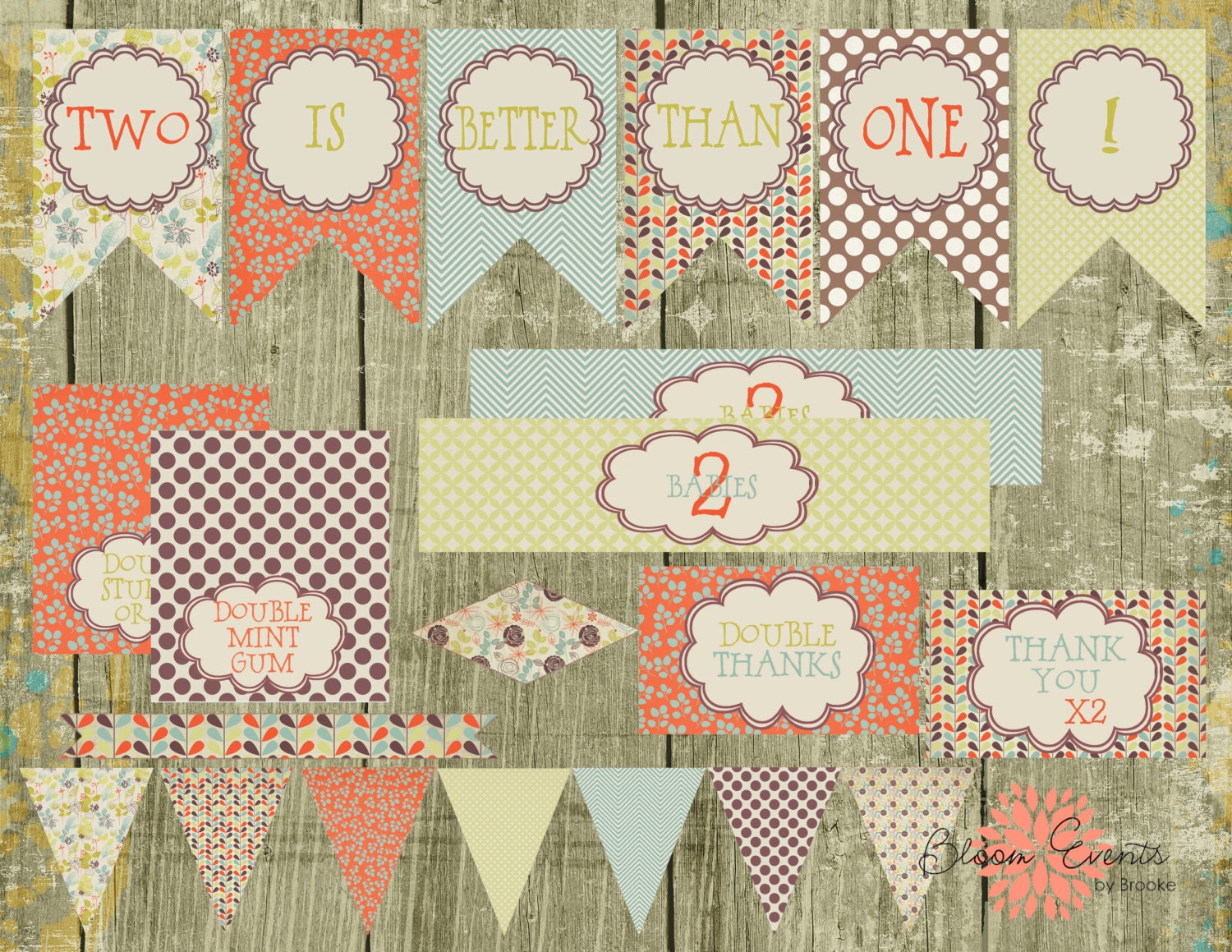 Complete DIY Womb Mates Party PDF Printable Collection - Green Orange Turquoise Brown Flower Il_170x135
