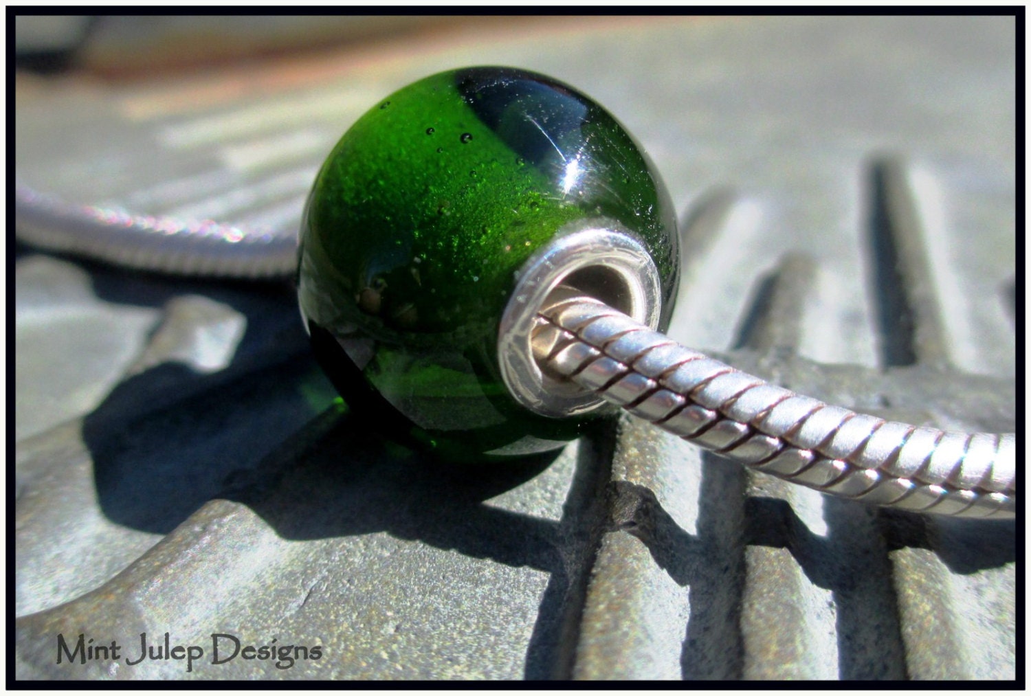 Lampwork Glass Artisan Upcycled Wine Bottle Emerald Green Big Hole Bead BHB Fully Lined Sterling Silver Recycled Glass LETeam Recycle Party