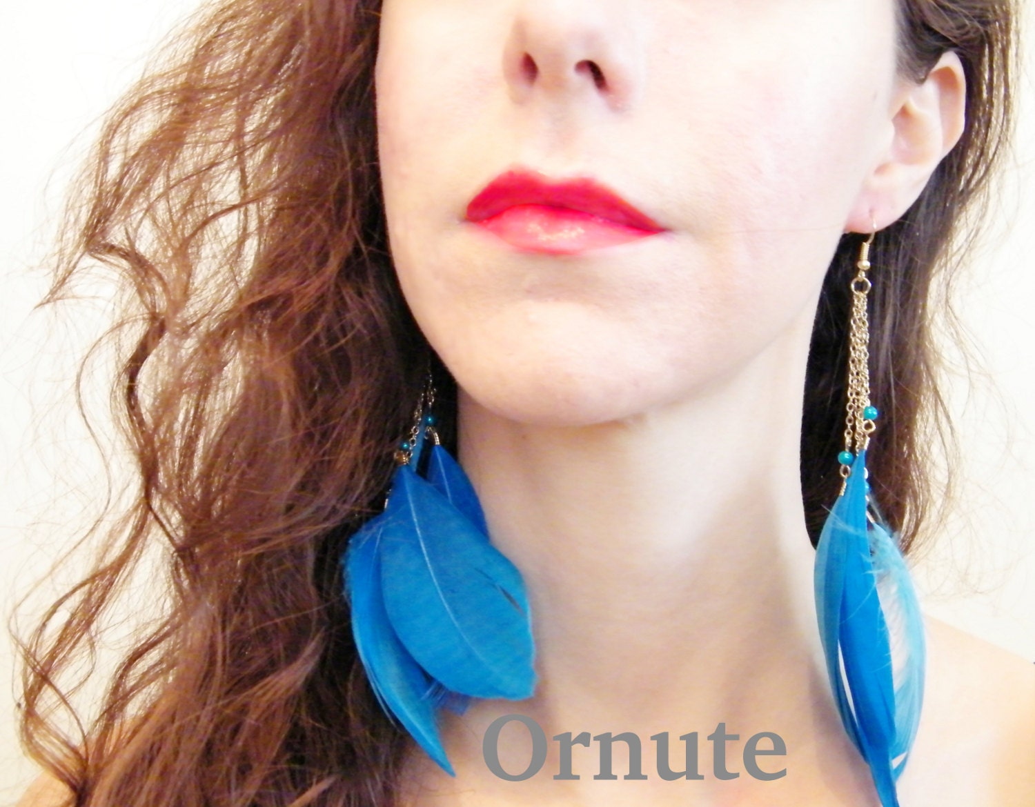 Long Dangling Blue and Gold Chain Feather Earrings with beads- Gypsy-Hippie- Bohemian