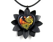 Recycled Bike Inner Tube Daisy Flower Necklace w/ Heart Shaped Fractal - Hangs on Rubber Cord - Bike Jewelry, Math Nerd Geek Jewelry