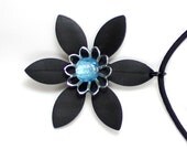 Recycled Bike Inner Tube Daisy Flower Necklace with Aquamarine / Turquoise Blue Lampwork Foil Bead, Hangs on Rubber Cord - Bike Jewelry