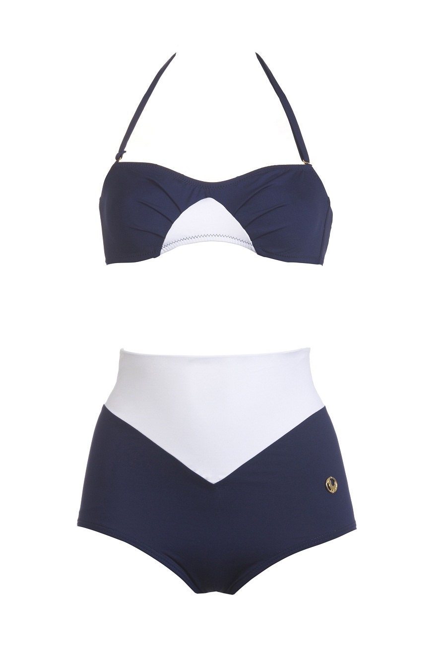 Nautical two piece Swimsuit  /Retro chic Navy Blue and White Bikini Swimsuit / High Waist Bottoms and Bandeau Top Bathing Suit