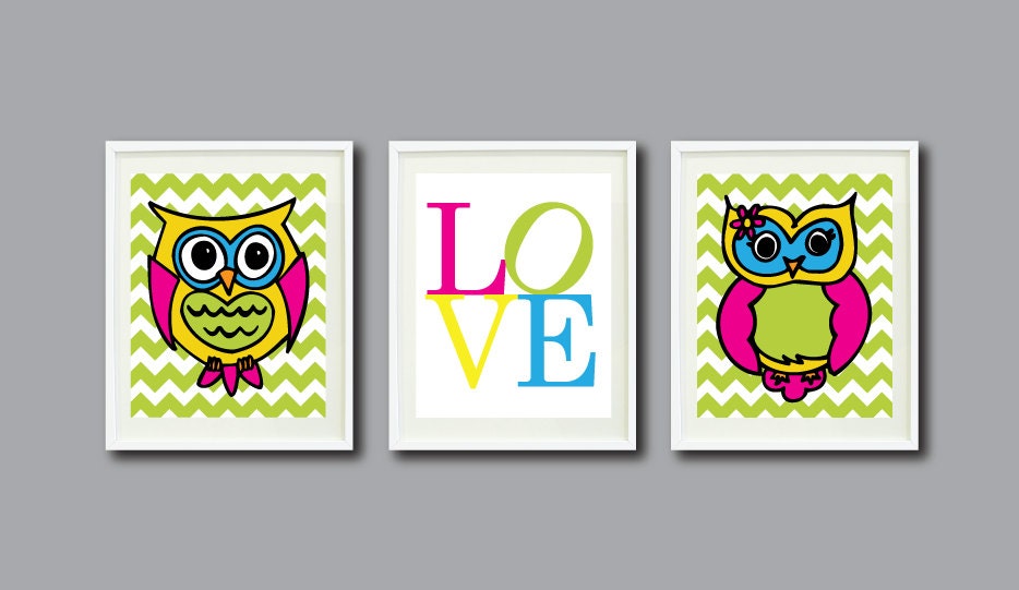 Three Print Set - Owl Love -  Kids Room, Nursery, Home Decor - 8x10 -Aqua-Hot Pink-Yellow-Green OR Choose Colors-Trio-3 - Chevron