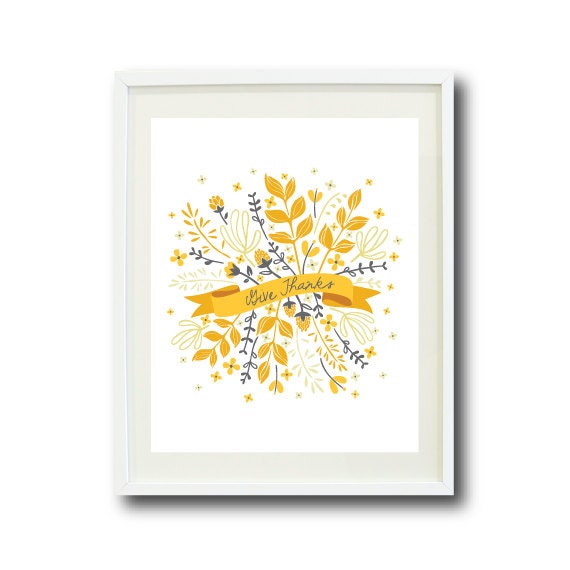 Give Thanks Art Print - 8x10 - Typography Print - Yellow, Grey/Gray, White - Flowers, Leaves, Ribbon - Home Decor, Wall Art, Living Room