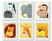 Safari Animals - Set of Six 8x10 Art Prints for Nursery, Kids Room, Home Decor -Giraffe, Lion, Elephant, Monkey, Cheetah, Zebra-Zoo-Faces