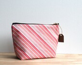 Ready To Ship // Cotton Cosmetic Clutch Pouch Brass YKK Zipper Lining // Sweet Tea Bias Stripe Coral Pink Lining