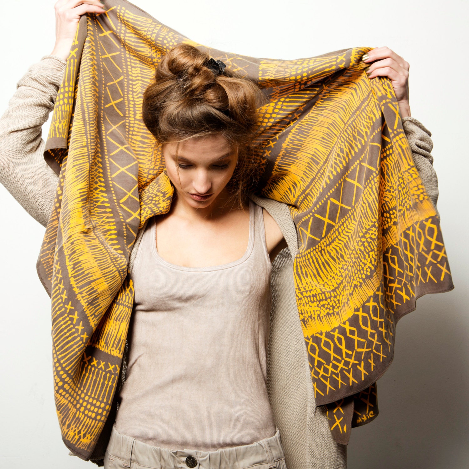 Sold out - Custom order only. Yellow and grey Woman scarf, hand printed with an African inspired pattern by Dikla Levsky - DiklaLevskyDesign