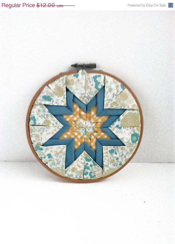 25% OFF SHOP SALE Upcycled Vintage Quilting Star Starburst Blue Yellow White Embroidery Wood Quilting Hoop Round Childrens Decor Home Decor