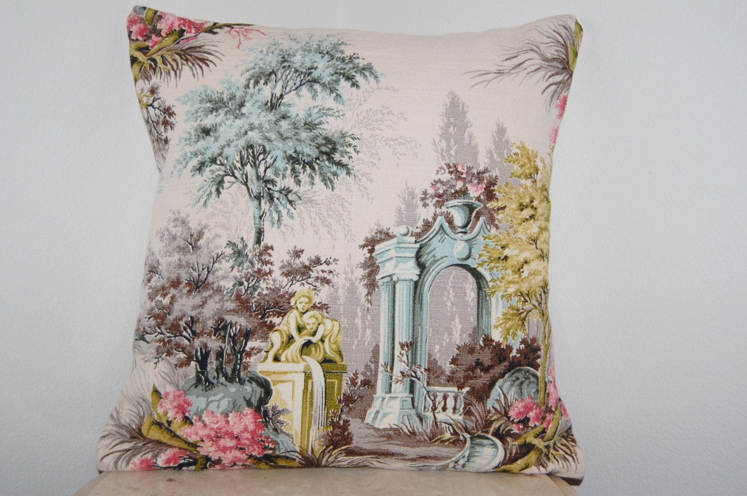 CUSTOM Barkcloth Chenille Vintage Retro 1960s Grecian Scenic Throw Pillow Handmade Upcycled White Bedspread Curtain 14 x 14