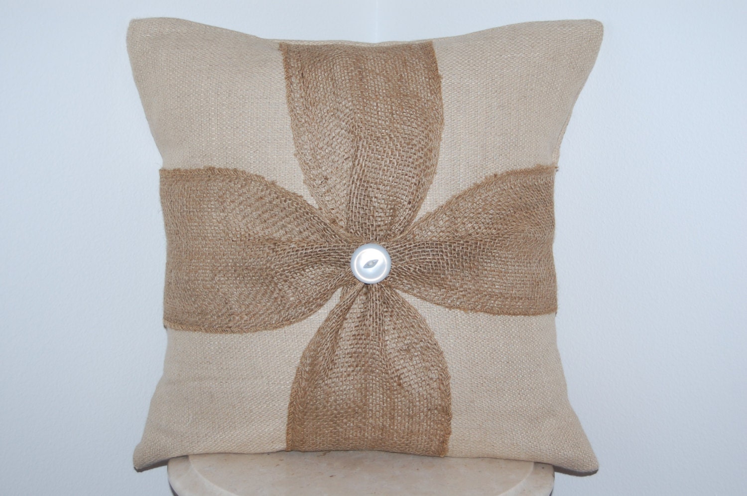 Burlap Linen Bow Square Throw Pillow Vintage Upcycled Metal Buckle Loop Twist Brown Beige Cream Shabby Chic Medium Size 16 x 16