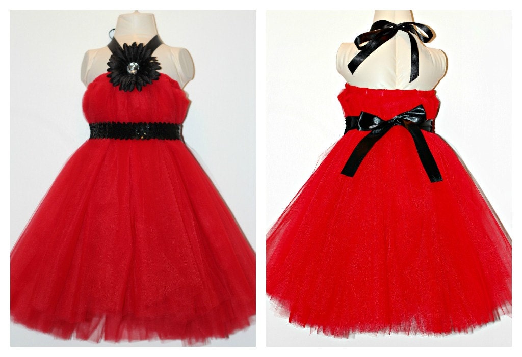 Red and Black Tutu Dress, Wedding Flower Girl Dress, Birthday Party Dress, Pageant, Photo Shoot, Size 2T-4T