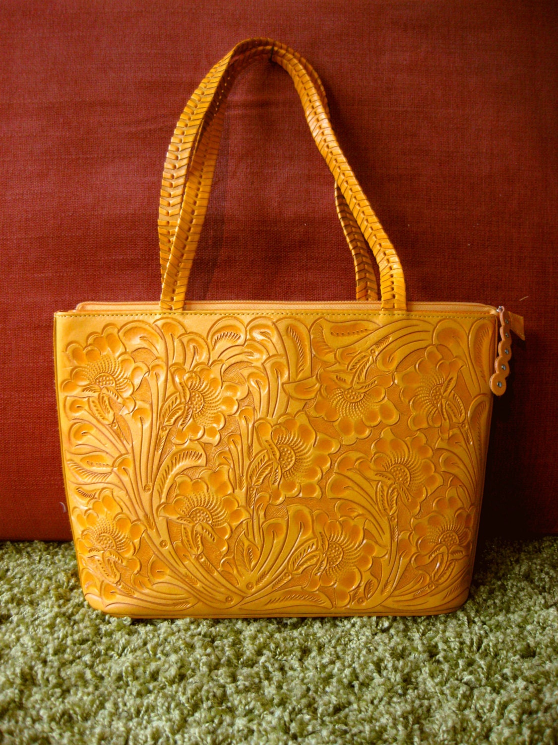Unique  Yellow Hand Tooled Leather  Purse