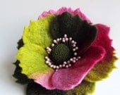 A little bit different poppy - GO CRAZY,Pink & Green,Hand Felted Flower Brooch,Hair Clip, Wool Felted Jewelry