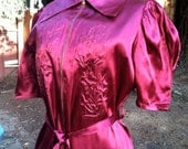 30s Burgundy Dramatic Deco Doll Vintage 1940s 1930s Harlow Fishtail 40s Dressing Gown w/ Sash and Puffed Floral Detail on Bust Dress
