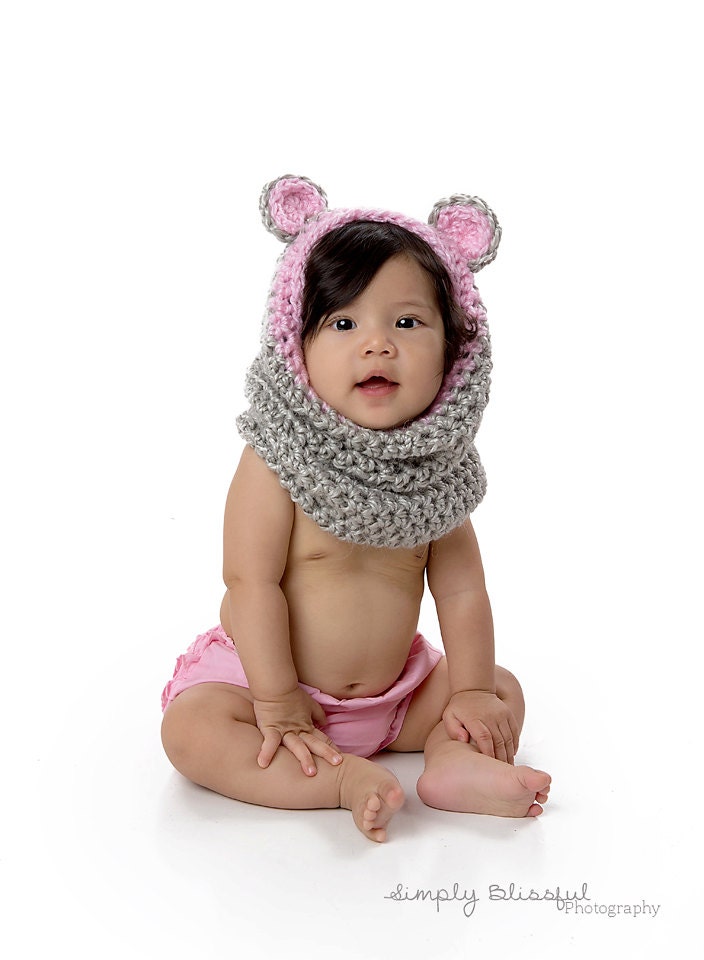 Baby Crochet Baby Cowl scarf Mo hooded Bear 6   Hood,  Scarf toddler Bear Cowl, Toddler Baby