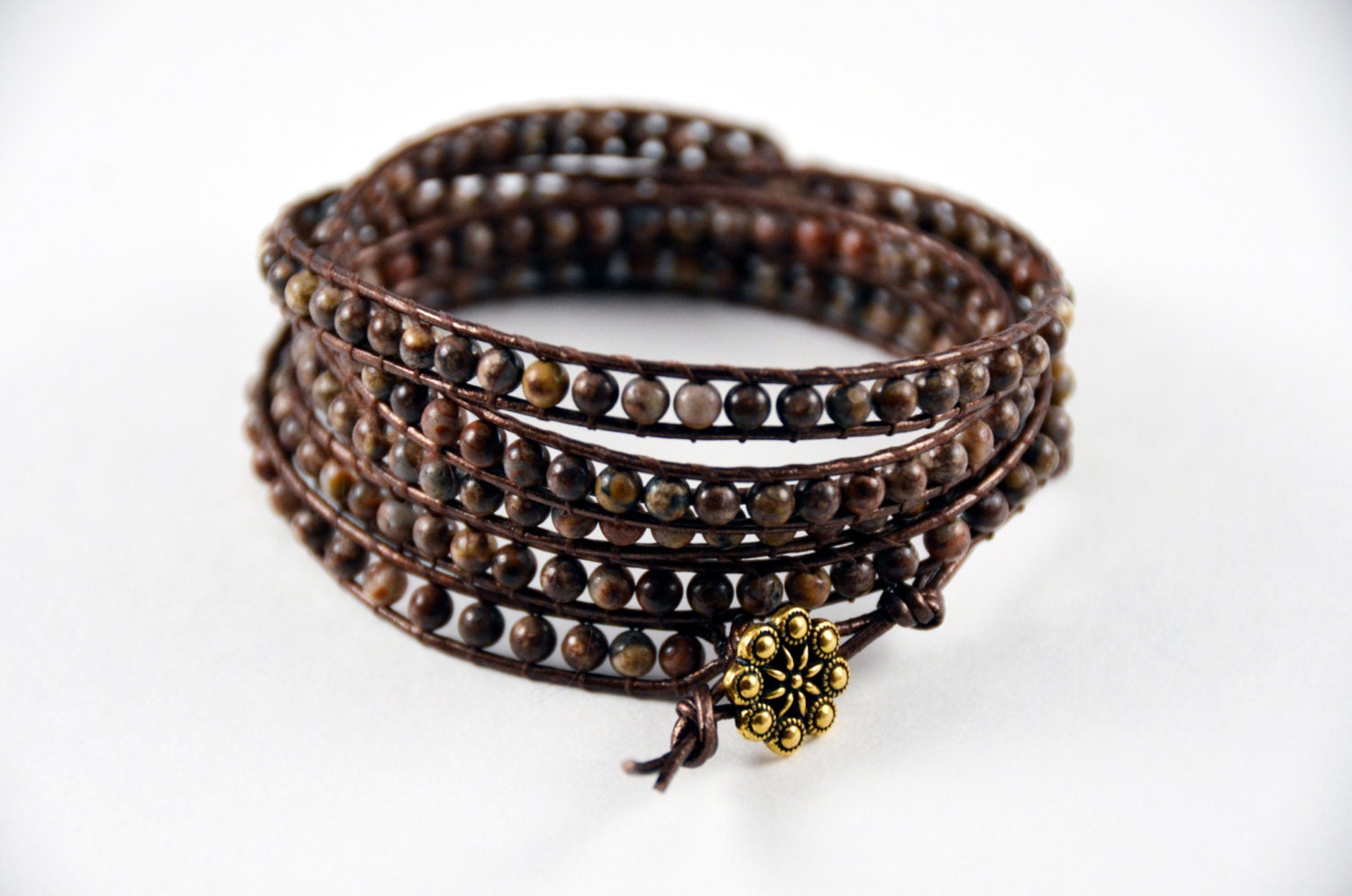 Chan Luu Inspired Leather Wrap Metallic Brown Bracelet with Turtle Jasper Semi Precious Stone