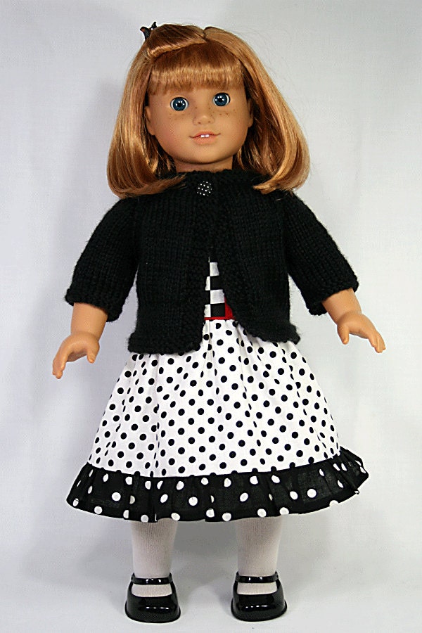 18" American Girl Doll Clothes - Handmade Sleeveless Black/White Polka Dot Dress/with Touch of Red. Worn with Hand Knitted Black Sweater.