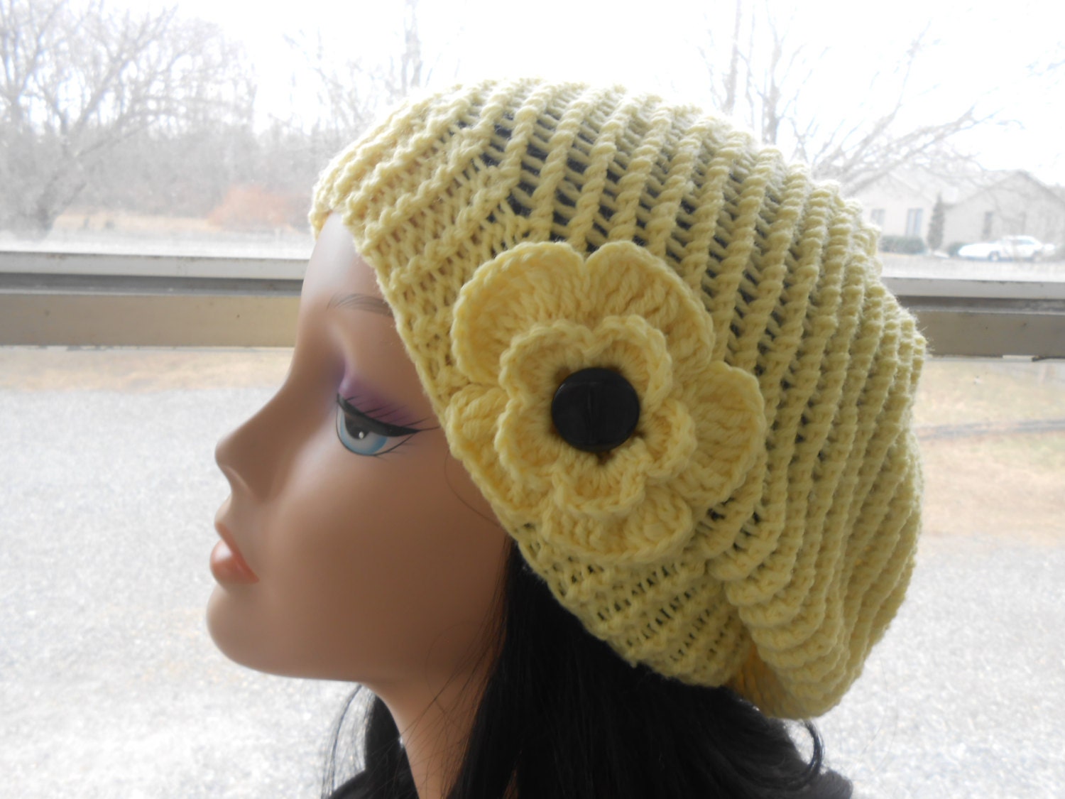 yellow hat with flower,womens accessory,Hand Made Knit,Slouchy Beanie,Slouch Hats Oversized