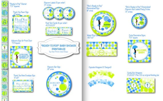 Ready to Pop Baby Shower Printable Decorations - Green and Blue - Personalized, Customized Party Pack Il_570xn