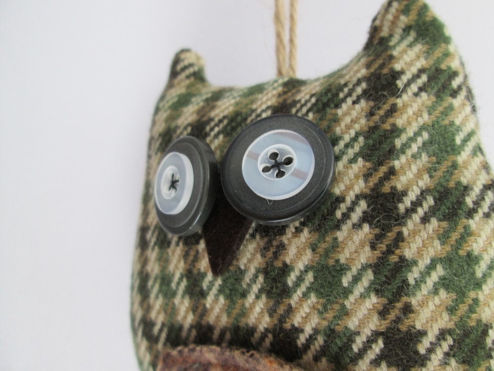 Hanging  woodland tweedy owl plushie decoration with felted  wool tartan belly-lavender scented.