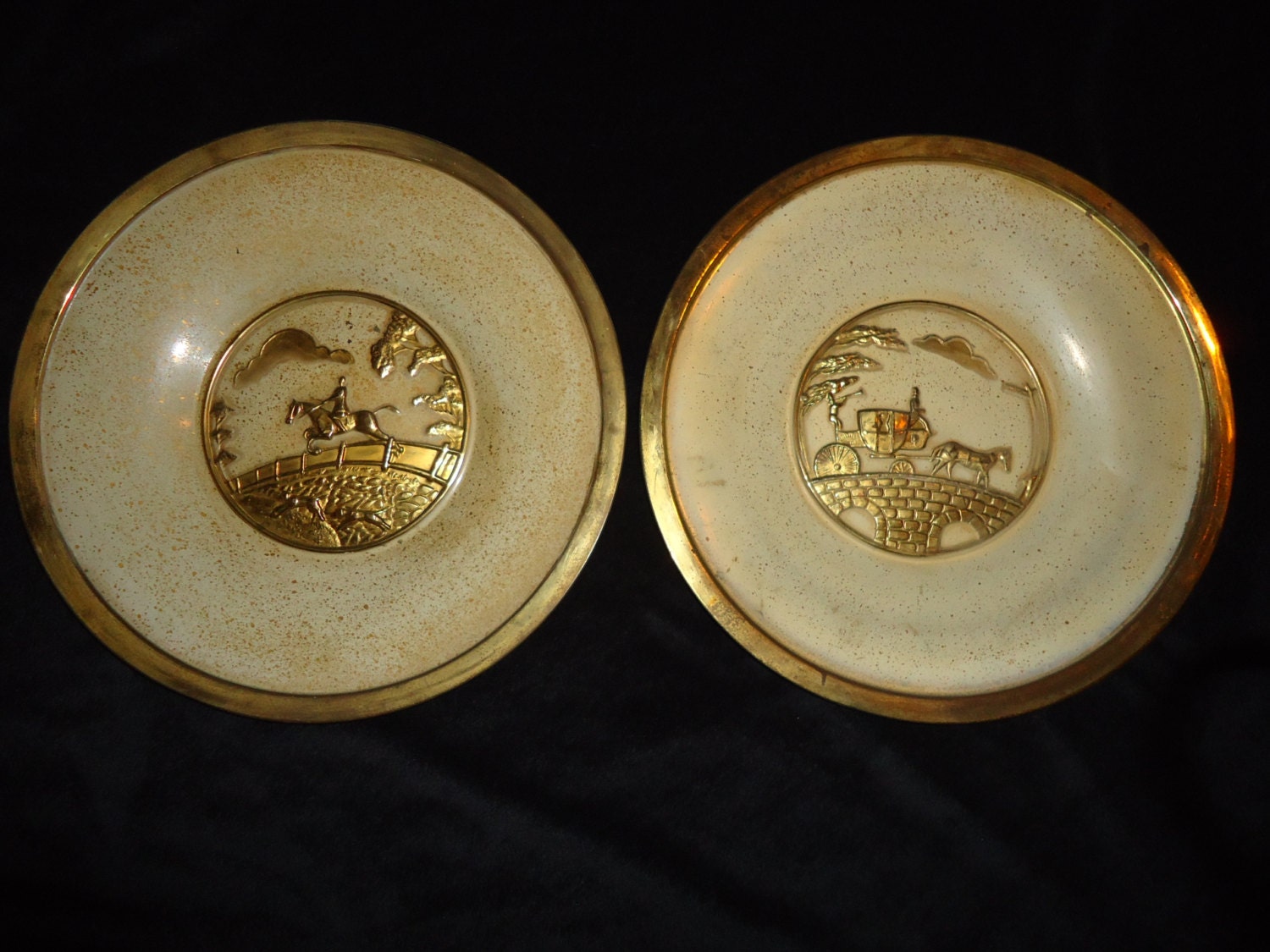 Vintage Equestrian Brass and Enamel Wall Plates Home Decor Wall Hanging England