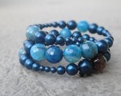 Blue Agate Pearl Wrap Bracelet