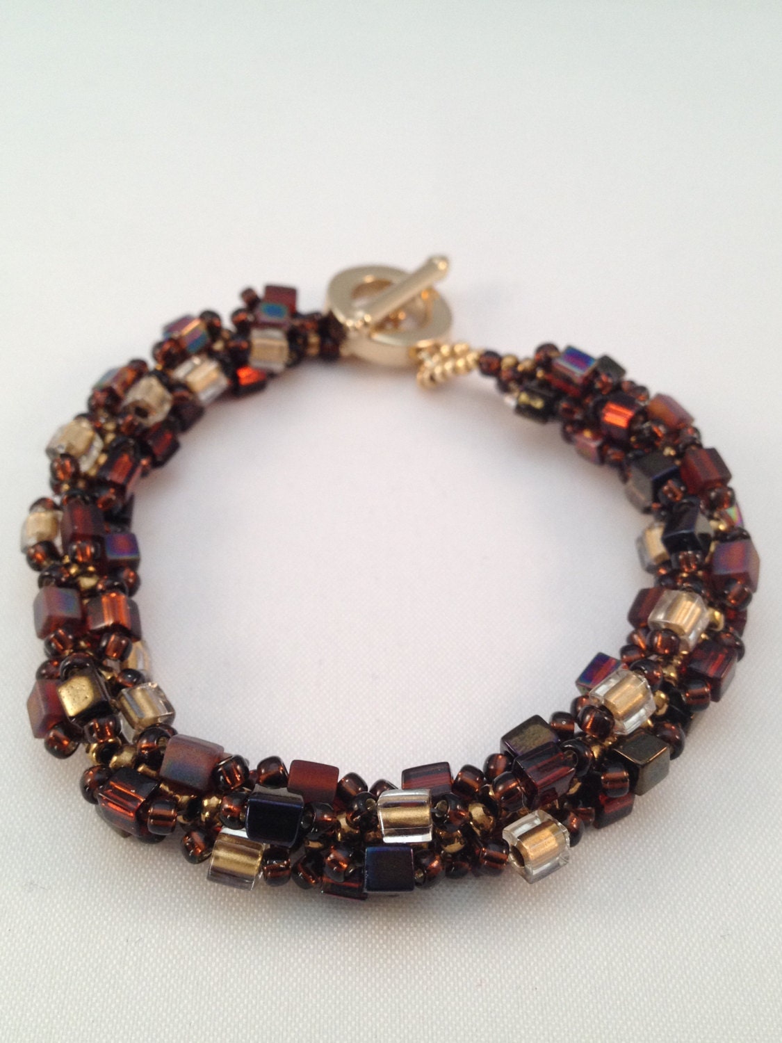 Autumn colours, Cube Bead Spiral Bracelet Brown And Gold Miyuki Glass Beads
