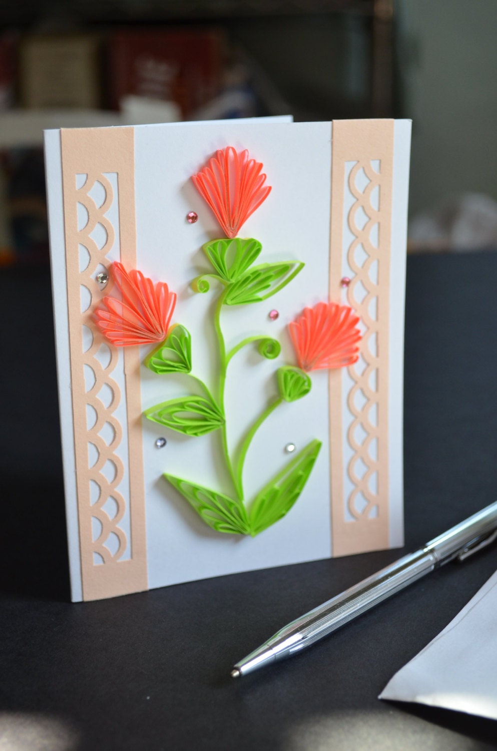 Quilling Gift Card - Blank -Orange Floral and Paper Lace -4.25 x 5.25 w/envelope