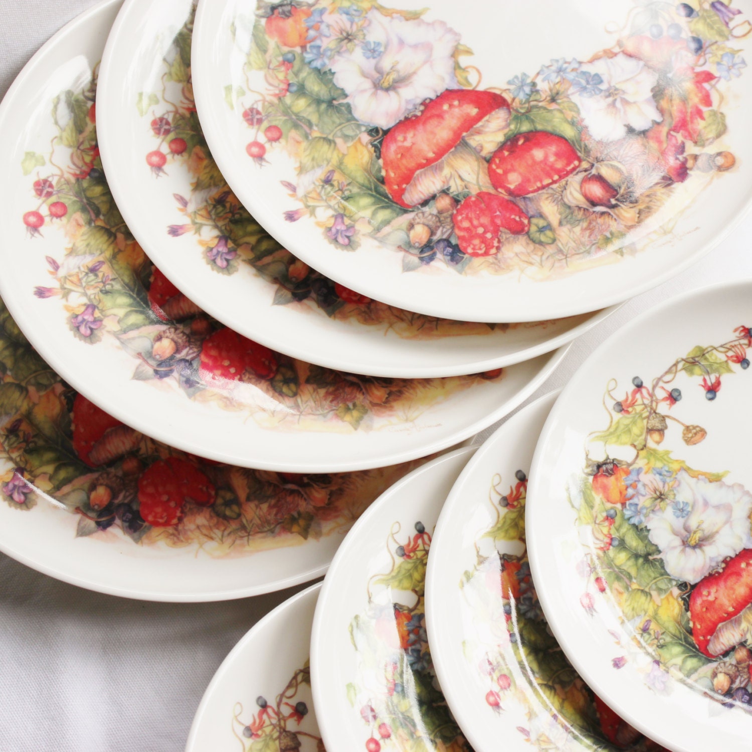 Funky Toadstool and Flower Melamine Camping or Picnic, 8 Plate Set - TheHattersTeaParty